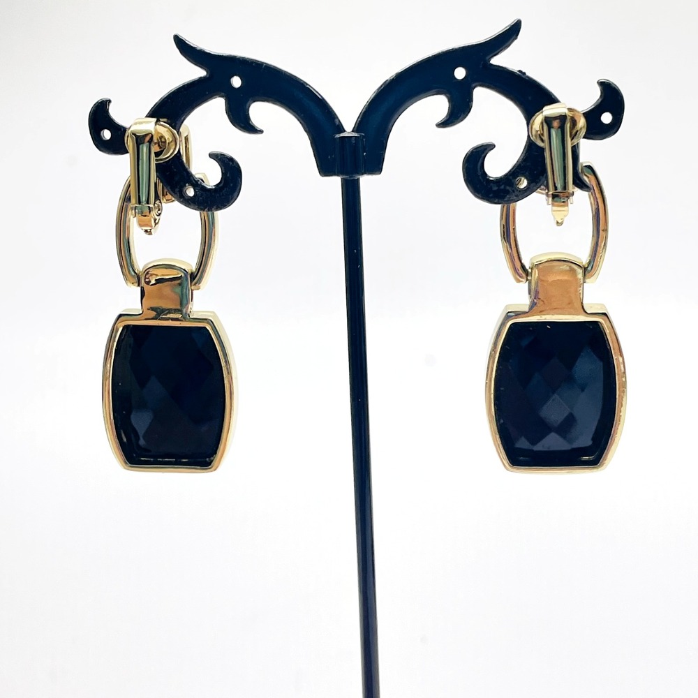 Anne Klein Signed Earrings Black Faceted Bead Gold Tone Dangle Clip On Statement - Picture 9 of 11